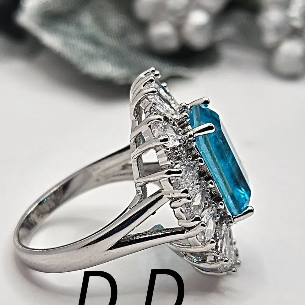 Neon Blue Paraiba & Clear Zircon Cocktail Ring 18K White Gold on 925 Silver